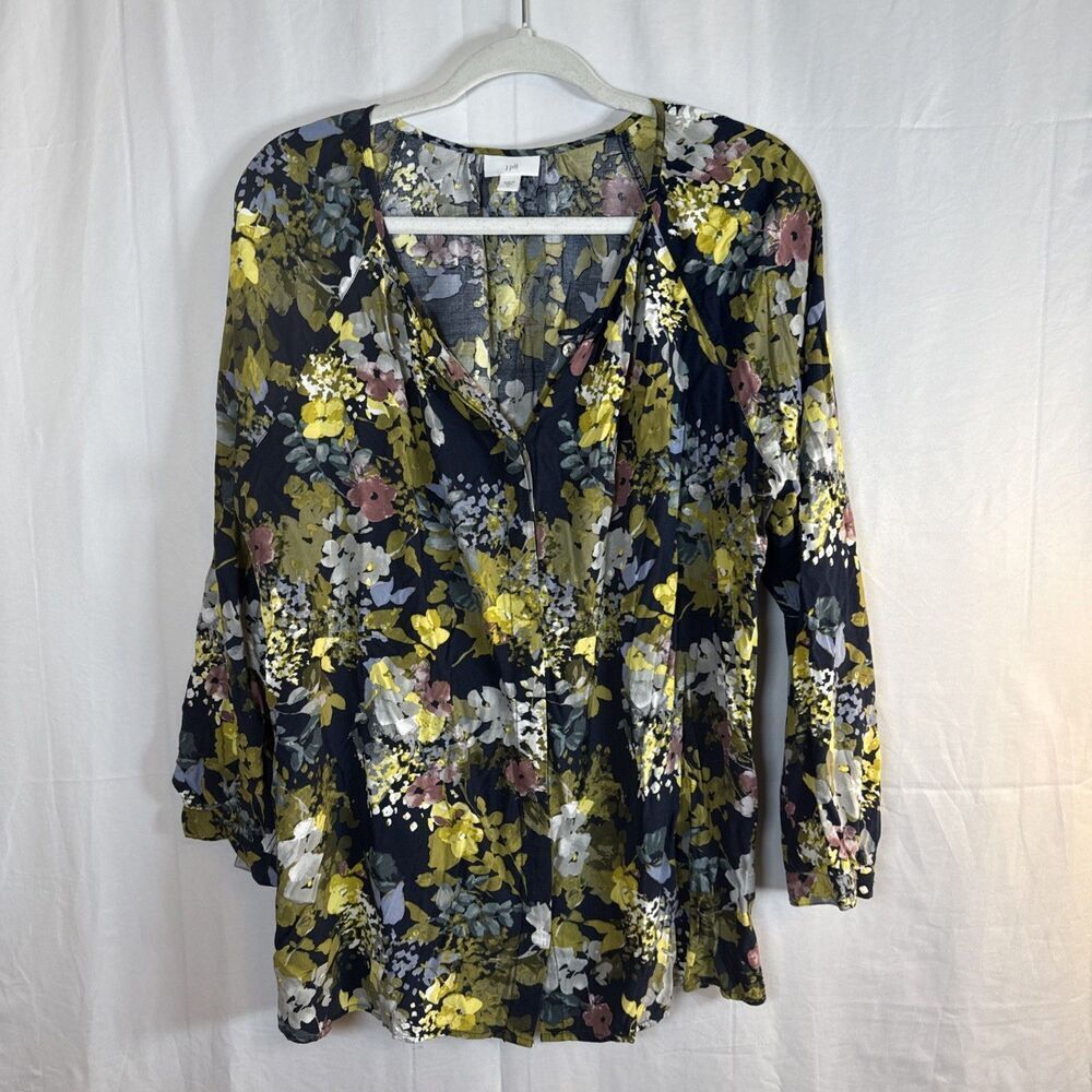 J. Jill Shirt Womens Blue Floral Long Sleeve Button Up Blouse Size XL Preowned